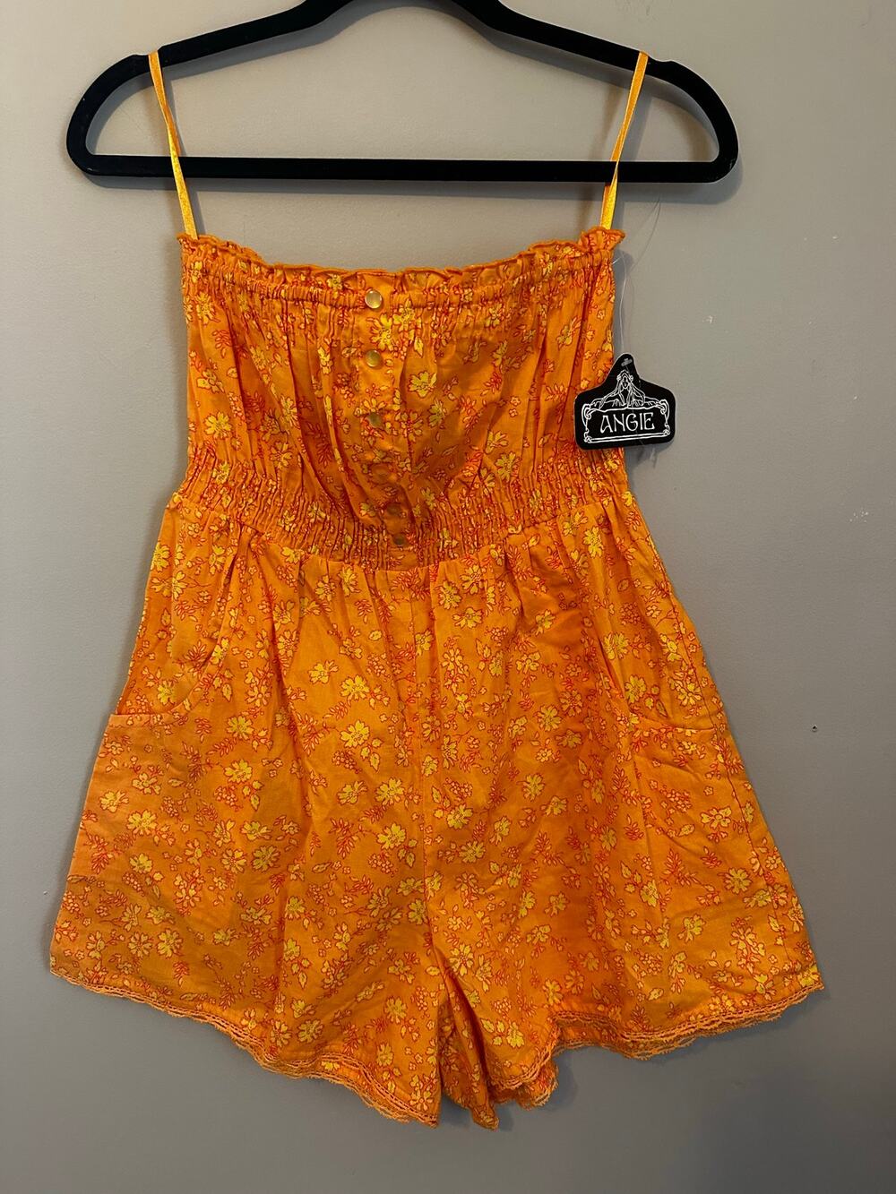 Angie Orange Floral Romper Y2K Boho Cottagecore Retro Mini